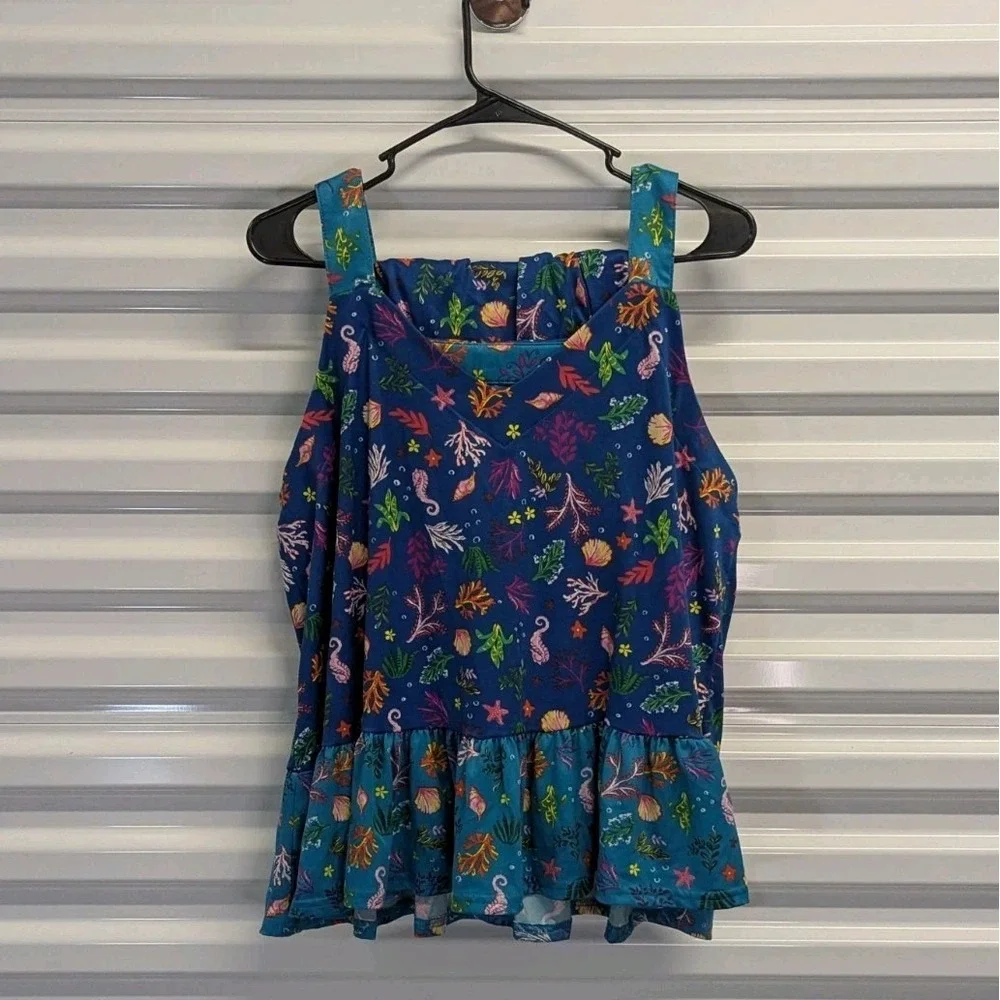 Coastal Mermaidcore Cuddl Duds Pajama Set Coral Print Ruffle Tank Shorts L